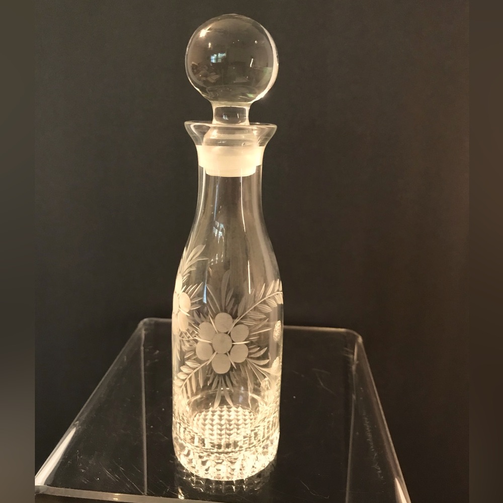 Vintage Clear Leaded Glass Cruet w/Flower Etchings & Glass Ball Stopper